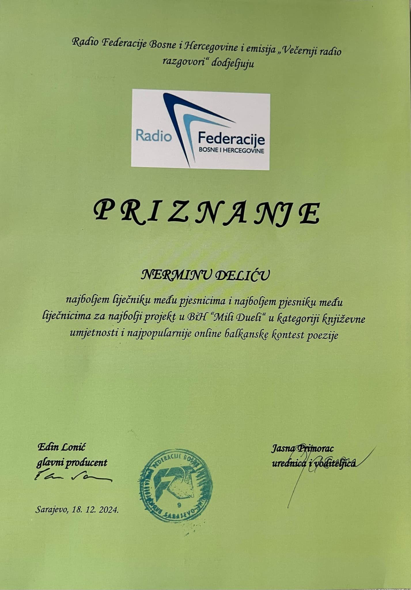 Priznanje Radio Federacije Bosne i Hercegovine (RFBIH) Nermin Delić (decembar, 2024.)